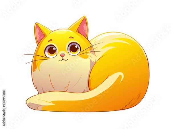 Obraz Charming fluffy ginger kitten illustration with adorable big eyes, curled up in a relaxed pose, perfect for cute animal, pet, or children's designs, isolated.