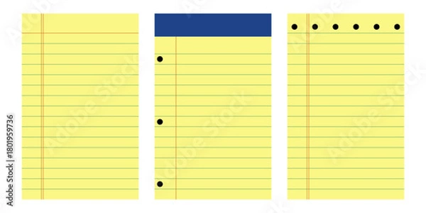 Fototapeta Legal Yellow Vertical Paper Line Notebook Collection. Lined Note Pad Memo Texture. Vector Illustration