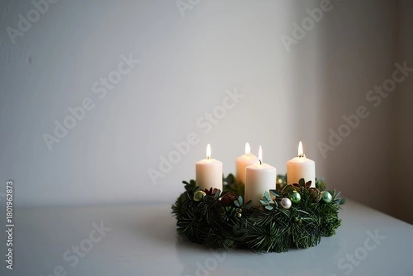 Obraz Advent Wreath with Four Burning Candles on a White Table