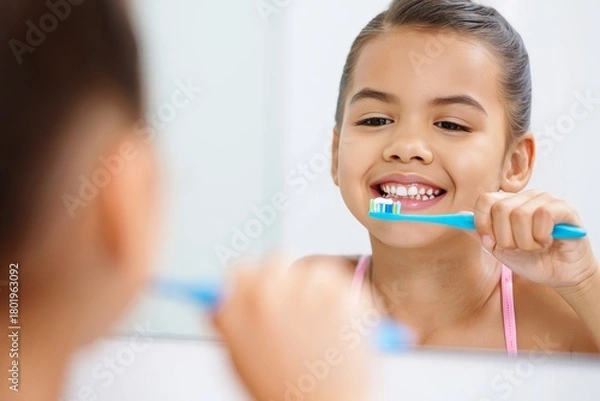 Obraz Smiling Girl Brushing Teeth in Bathroom Mirror, Promoting Oral Hygiene