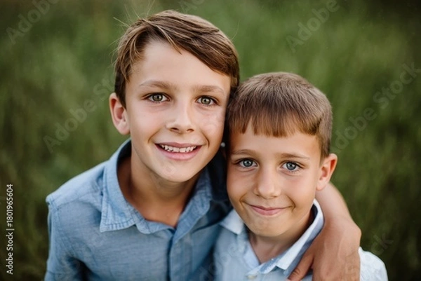 Obraz Two Smiling Boys Hugging in a Lush Green Field - Childhood Friendship Portrait