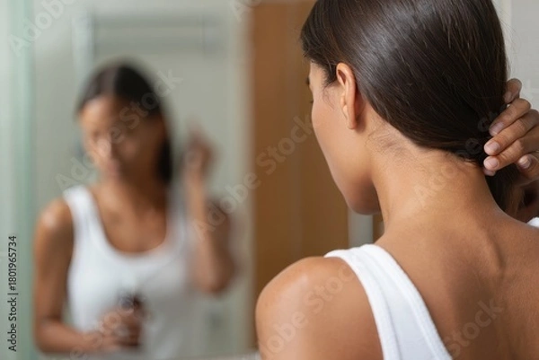 Obraz Woman Looking at Her Reflection in Mirror - Self-Care and Introspection