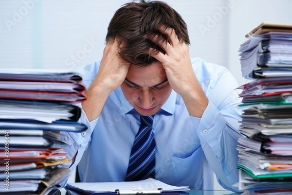 Obraz Overwhelmed Businessman Surrounded by Piles of Paperwork