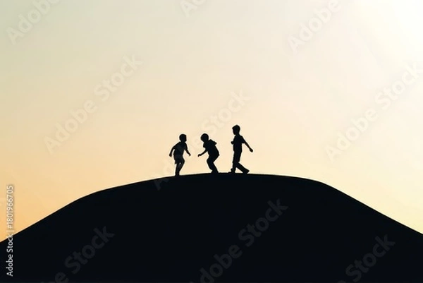 Obraz Silhouette of Three People on a Hilltop - Minimalist Abstract