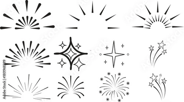 Fototapeta Collection of hand drawn starbursts and sunbursts in black and white