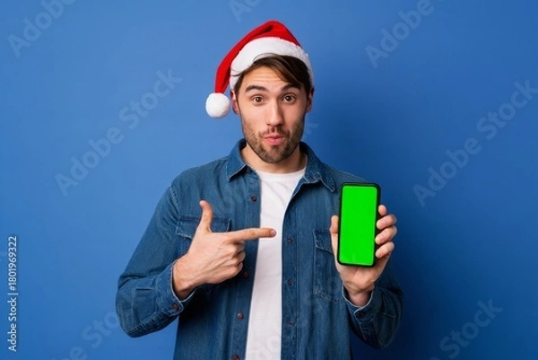 Obraz Surprised Man in Santa Hat Points at Phone with Green Screen