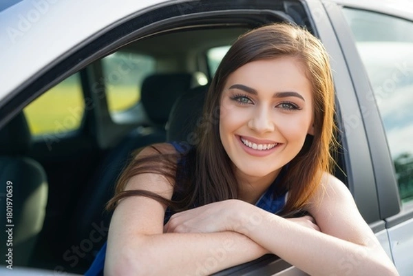 Obraz Smiling Woman Looking Out of Car Window - Travel and Lifestyle Portrait