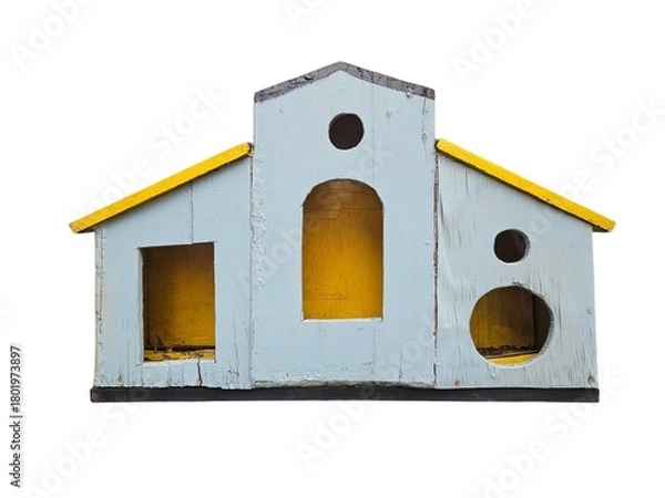 Obraz Blue and yellow birdhouse with multiple openings.