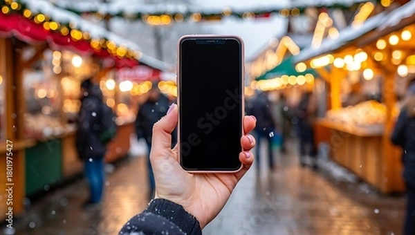 Obraz Hand holding a smartphone with a blank screen at a festive outdoor market during winter, with blurred stalls and people in the background.