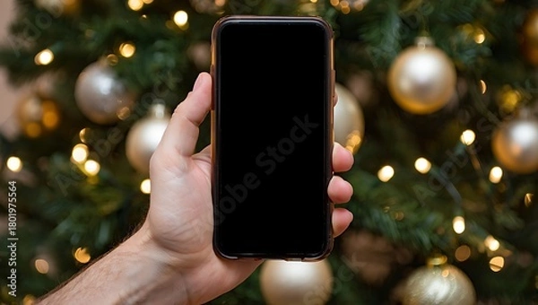 Obraz A hand holds a smartphone with a blank screen in front of a decorated Christmas tree with golden ornaments and lights.