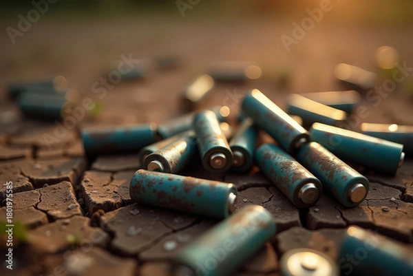 Obraz Batteries on dry soil. Pollution damage concept. Environmental danger close-up. Toxic waste symbolism.