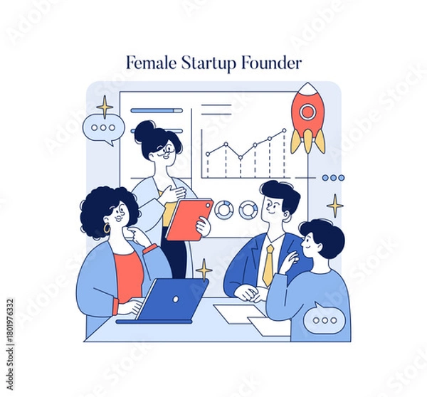 Obraz Female Startup Founder Leading Team Meeting Illustration