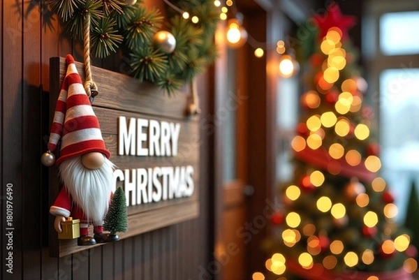 Obraz Christmas gnome beside "Merry Christmas" sign, festive lights blur in background. Warm, cozy holiday scene.