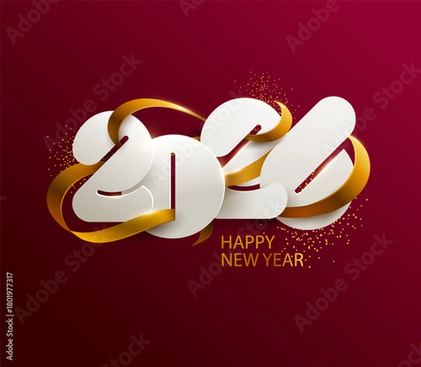 Fototapeta Happy New Years 2026. Greeting banner design with white numbers and golden ribbon on red background.
