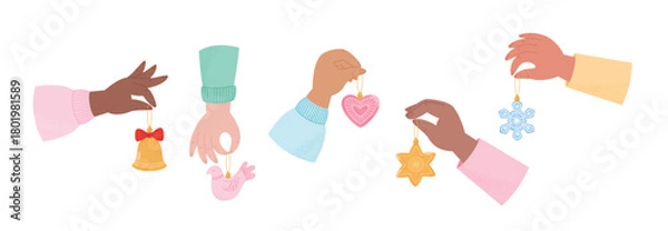 Obraz Hands holding Christmas ornaments. Holiday season decoration. Flat style vector illustration