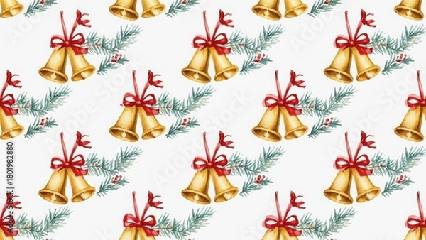 Obraz Seamless Christmas pattern with gold bells, red ribbons, and pine sprigs