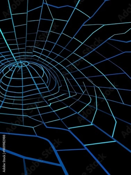 Fototapeta Abstract Blue Grid Tunnel Illusion on Black Background Concept Design