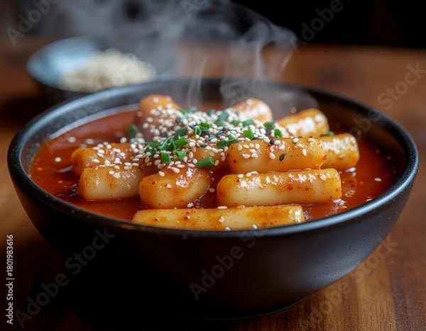 Fototapeta Spicy Korean tteokbokki in rich red gochujang sauce with sesame seeds and scallions, steaming hot bowl