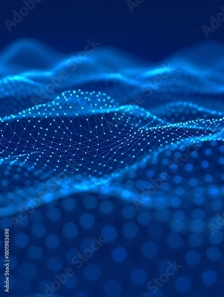 Fototapeta Abstract blue wave network connecting dots creating a digital landscape