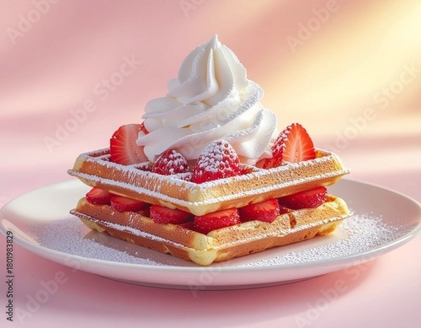 Fototapeta Crispy croffle topped with fresh strawberries, whipped cream, and powdered sugar on pastel background