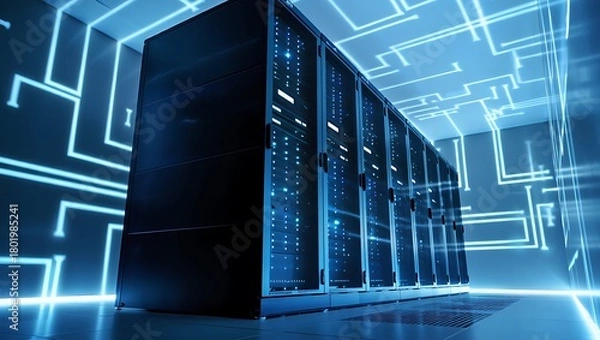 Fototapeta Modern Server Room Data Center With Digital Circuit Board Graphics