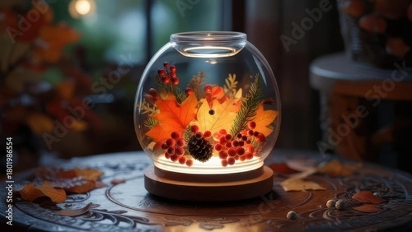Obraz A glass orb illuminates fall foliage, berries, and pinecone, on a wooden base. Soft focus