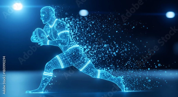 Fototapeta Futuristic digital athlete in motion, a virtual American football player running with the ball and dissolving into data particles