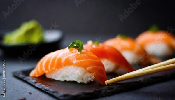 Fototapeta Fresh salmon sushi with chopsticks. Generated with AI
