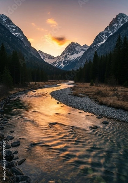 Fototapeta River Flowing Through Rocky Valley with Sunset Reflections and Snowcapped Alps Mountains
