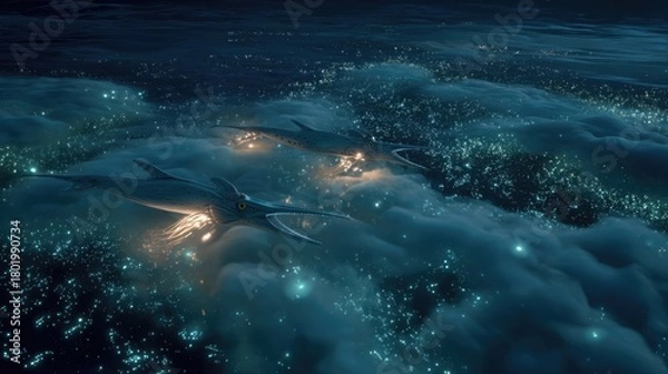 Fototapeta Sci-Fi Marine Creatures Swimming Through Glowing Ocean Clouds Under Starry Sky