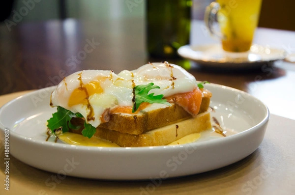 Fototapeta Poached Eggs with Salmon on Toast