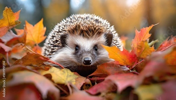 Fototapeta A hedgehog peeking out of autumn leaves. Generated with AI