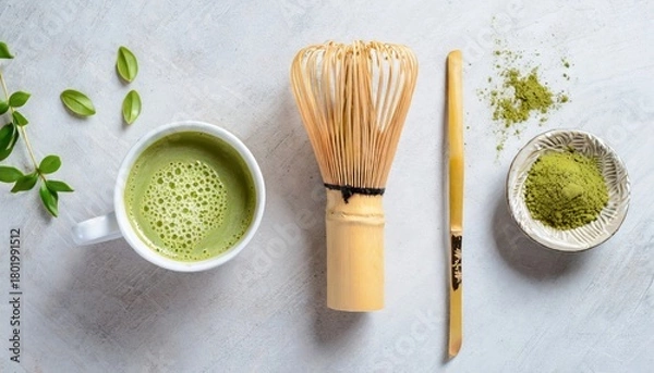 Fototapeta A cup of matcha tea and a bamboo whisk. Generated with AI