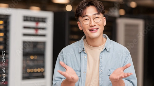 Obraz A young smiling man inside a server area — a friendly portrait of an IT, tech professional.