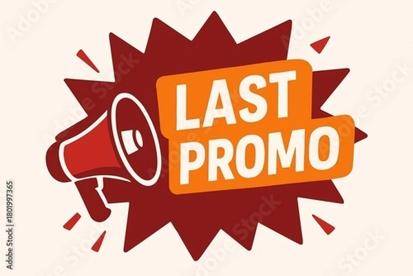 Fototapeta A red megaphone announces a final promotional sale with the words "LAST PROMO" in bold orange letters against a dark red starburst background.