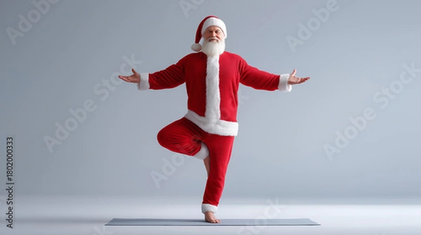Fototapeta Santa claus balancing in a tree pose on a yoga mat, practicing fitness and well being during christmas holiday, doing healthy exercise
