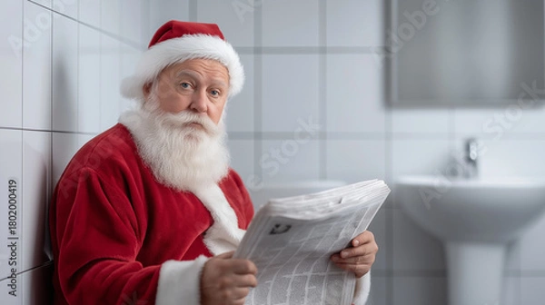 Fototapeta Santa claus taking a private break and indulging in some quiet reading time in a modern bathroom. Sitting and holding a newspaper