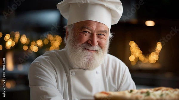 Fototapeta Senior chef with long white beard and chef hat smiling, presenting homemade pizza with warm bokeh background, celebrating joy and hospitality in a restaurant kitchen environment