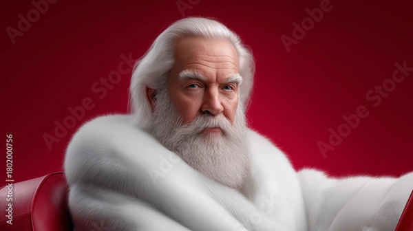 Fototapeta Santa claus with impressive white beard and hair posing while wearing a white fur coat against a vibrant red background, embodying the spirit of christmas and winter holidays