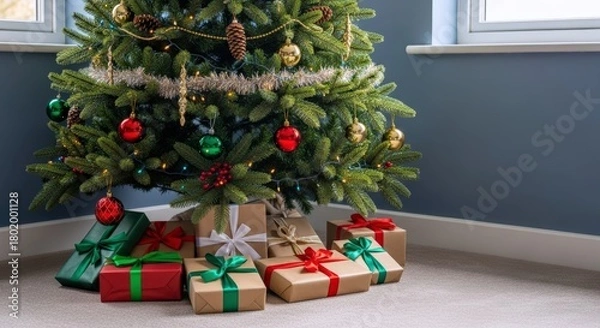 Obraz Beautifully decorated Christmas tree adorned with traditional ornaments and twinkling lights, surrounded by festive gifts wrapped in colorful ribbons, evoking holiday cheer