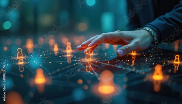 Fototapeta Hand touches glowing digital people icons. Network connections illuminate a dark futuristic interface. Data flows connect human figures, representing relationships or systems.