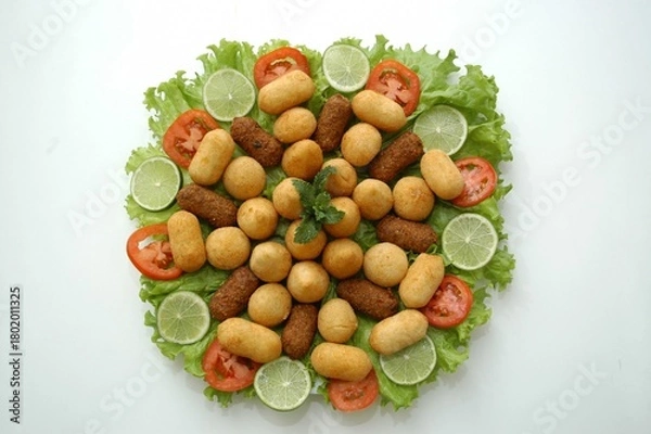 Obraz Flat lay of a Brazilian appetizer platter with fried snacks, lettuce, tomato, and lime. Perfect for food blogs, menus, or party planning content.