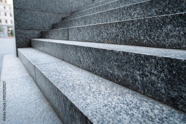 Obraz Granite staircase ascending from low angle view, with details of textured steps