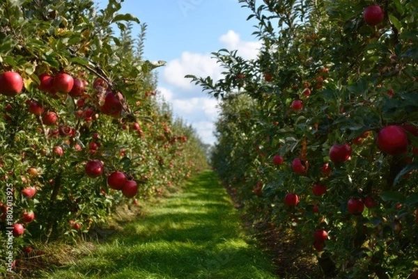 Obraz Lush rows of apple trees laden with ripe, red fruit under a bright blue sky