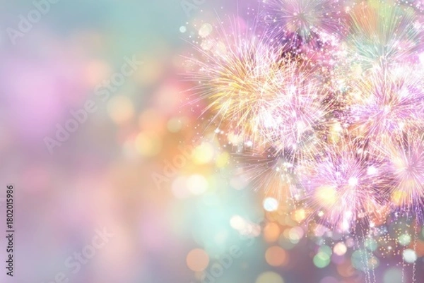 Fototapeta A colorful explosion of fireworks in a blurry background of pastel hues and bokeh lights