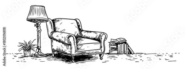 Fototapeta classic armchair with floor lamp hand drawn black and white doodle vector sketch shape