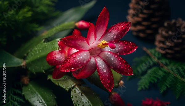 Fototapeta Christmas Cactus Flower Close-Up with Dew Drops and Pine Cones