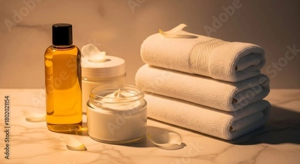 Fototapeta Spa still life with towels, lotion, and moisturizer displayed on marble.