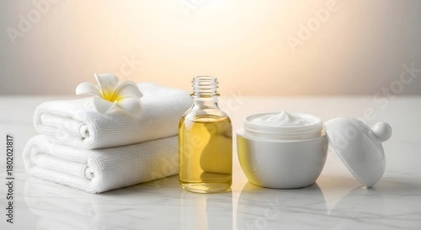 Obraz Essential oil bottle, moisturizer and towels on marble table for spa treatment.