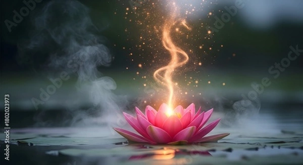 Obraz Pink lotus flower with glowing light on water surface.